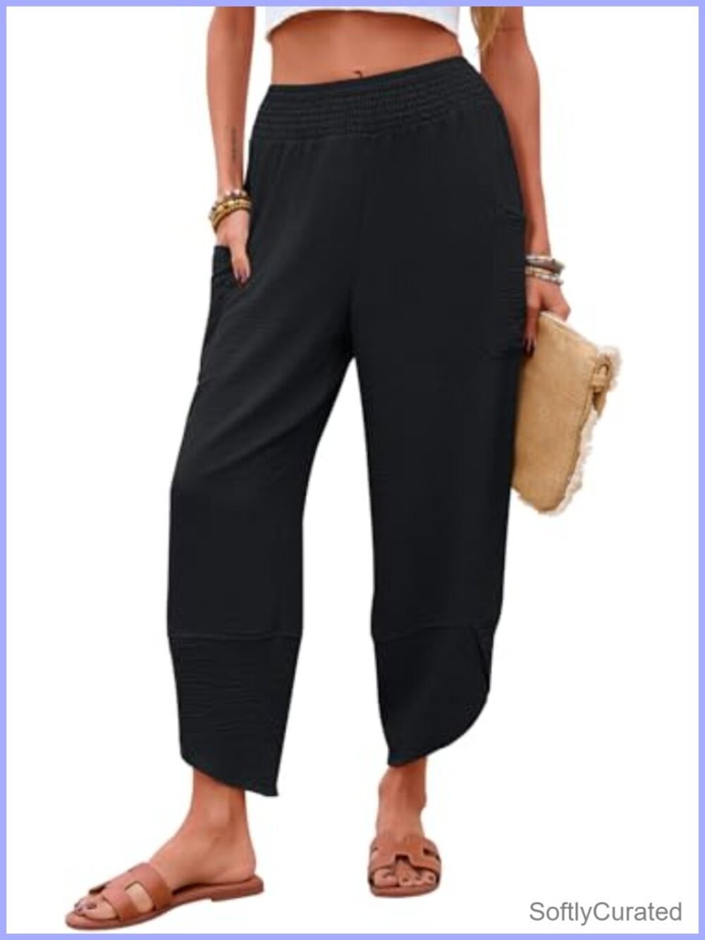 Womens Wide Leg Capri Palazzo Pants Smocked Waist Cropped with Pockets
